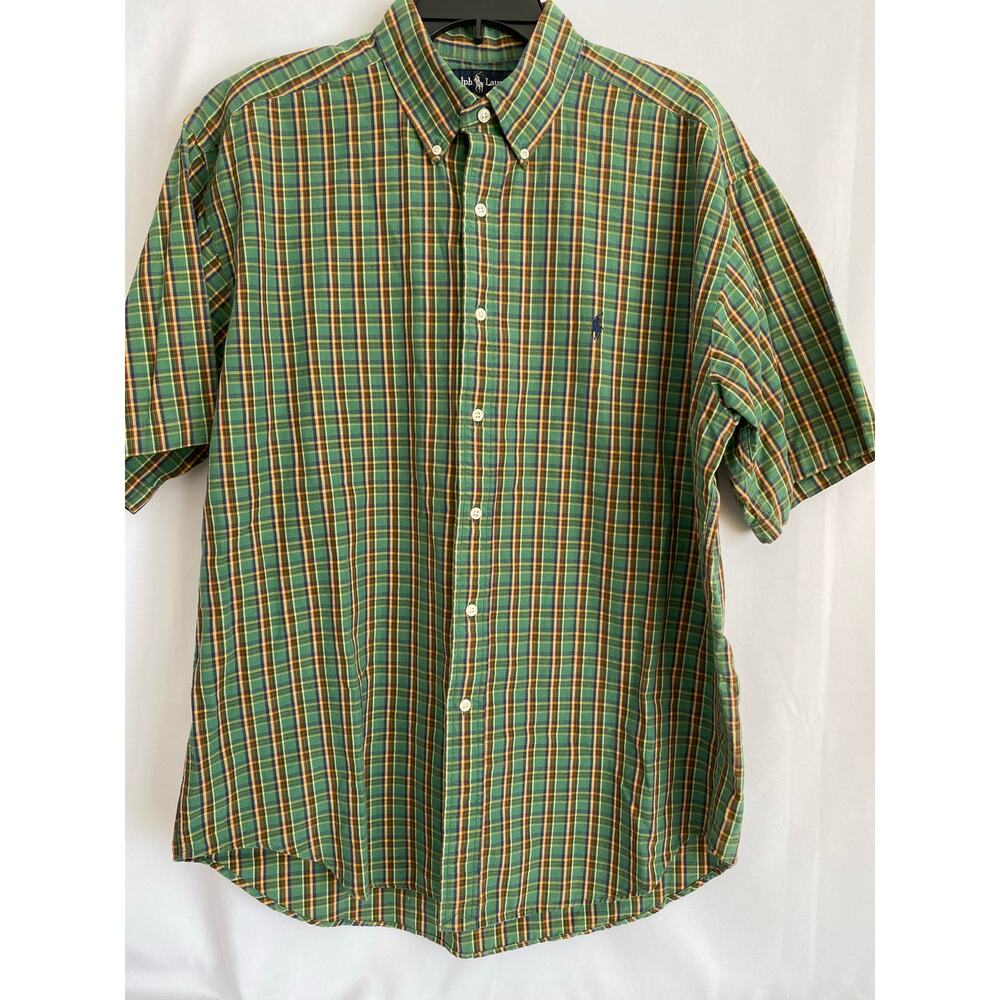 Ralph Lauren Blake Men L Short Sleeve Button‎ Shirt Green Plaid